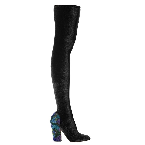 Sergio Rossi Black EMBELLISHED VELVET Over Knee Boots Shoes Sz 5.5 US NEW - Picture 2 of 12